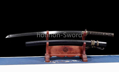 Japanisches Samurai-Schwert Katana aus schwarzem gefaltetem Stahl, Full Tang, handgefertigt, scharfe Klinge, schwarz 