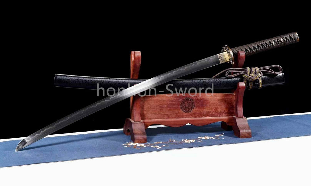 Japanisches Samurai-Schwert Katana aus schwarzem gefaltetem Stahl, Full Tang, handgefertigt, scharfe Klinge, schwarz 