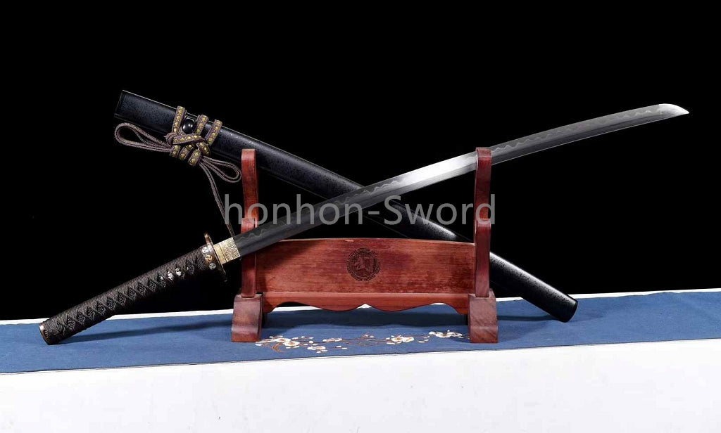 Japanisches Samurai-Schwert Katana aus schwarzem gefaltetem Stahl, Full Tang, handgefertigt, scharfe Klinge, schwarz 