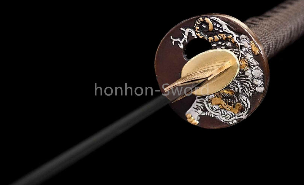 Japanisches Samurai-Schwert Katana aus schwarzem gefaltetem Stahl, Full Tang, handgefertigt, scharfe Klinge, schwarz 