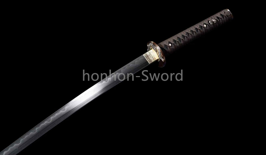 Japanisches Samurai-Schwert Katana aus schwarzem gefaltetem Stahl, Full Tang, handgefertigt, scharfe Klinge, schwarz 