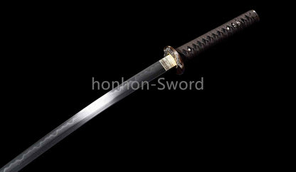 Japanisches Samurai-Schwert Katana aus schwarzem gefaltetem Stahl, Full Tang, handgefertigt, scharfe Klinge, schwarz 