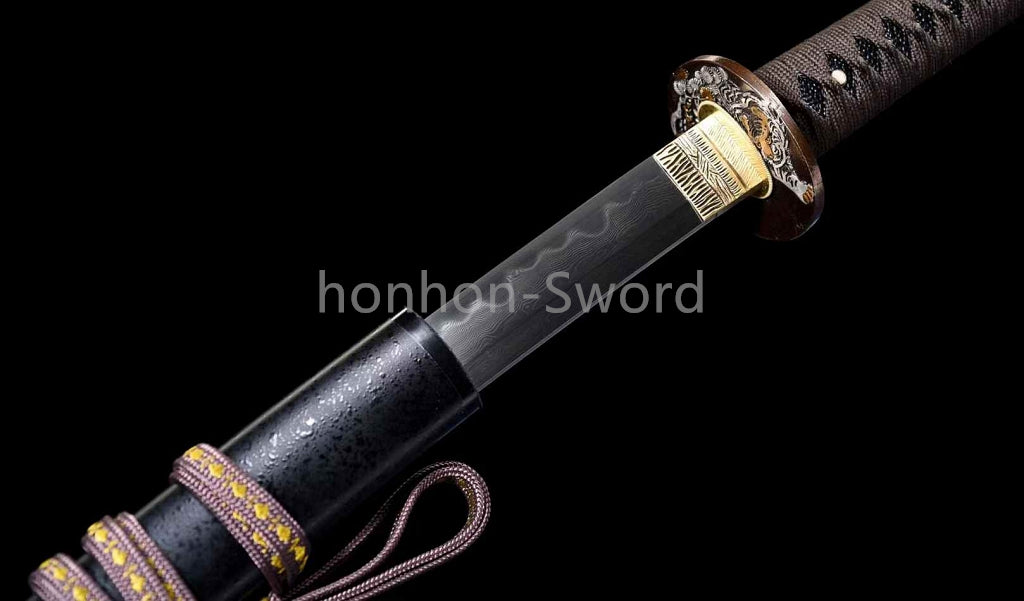 Japanisches Samurai-Schwert Katana aus schwarzem gefaltetem Stahl, Full Tang, handgefertigt, scharfe Klinge, schwarz 