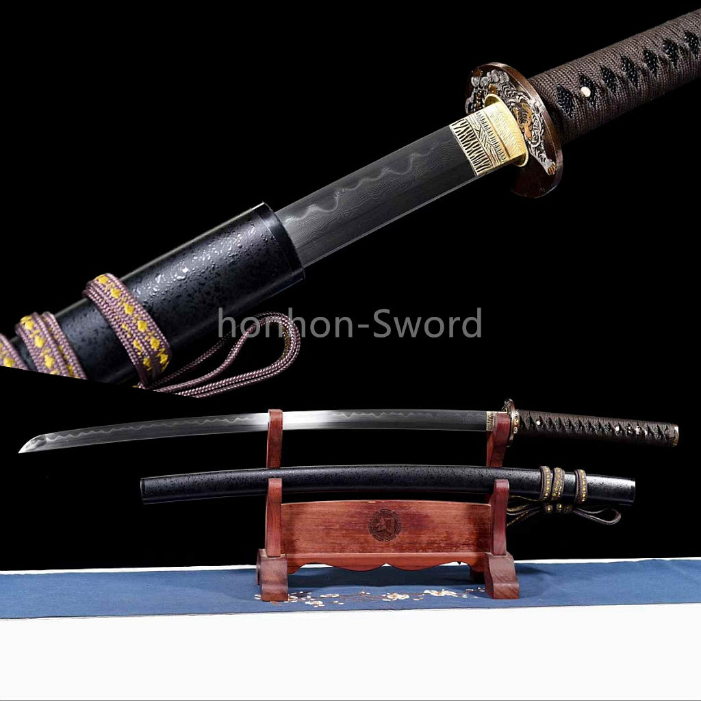 Japanisches Samurai-Schwert Katana aus schwarzem gefaltetem Stahl, Full Tang, handgefertigt, scharfe Klinge, schwarz 
