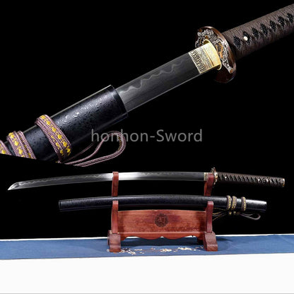 Japanisches Samurai-Schwert Katana aus schwarzem gefaltetem Stahl, Full Tang, handgefertigt, scharfe Klinge, schwarz 