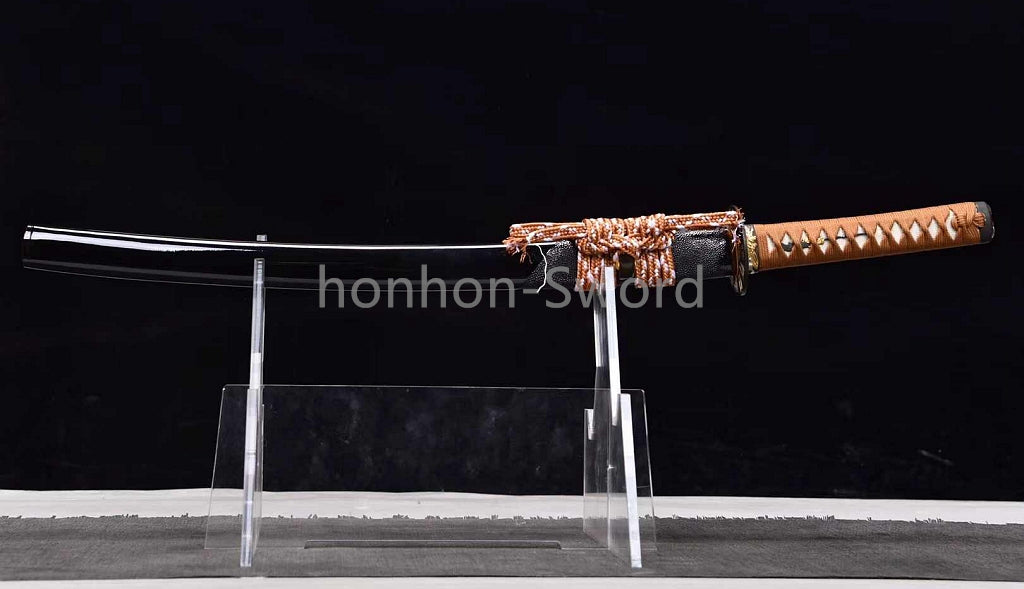 Japanisches Samurai-Schwert Katana aus schwarzem gefaltetem Stahl, Full Tang, handgefertigt, scharfe Klinge, schwarz 