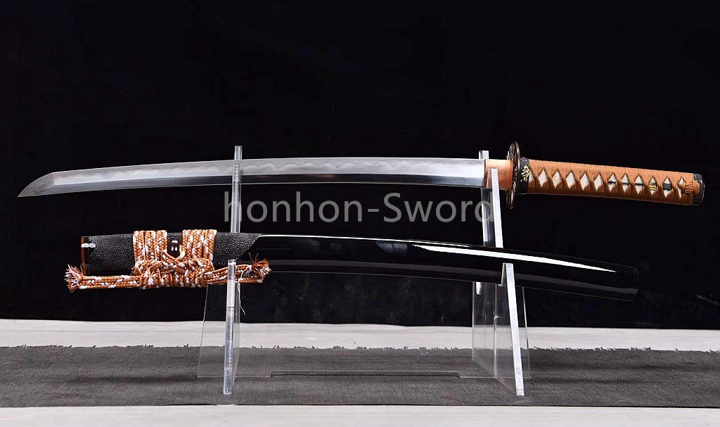 Japanisches Samurai-Schwert Katana aus schwarzem gefaltetem Stahl, Full Tang, handgefertigt, scharfe Klinge, schwarz 