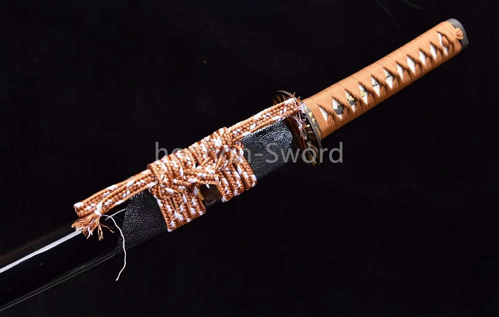 Japanisches Samurai-Schwert Katana aus schwarzem gefaltetem Stahl, Full Tang, handgefertigt, scharfe Klinge, schwarz 