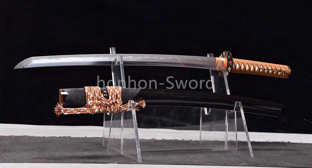 Japanisches Samurai-Schwert Katana aus schwarzem gefaltetem Stahl, Full Tang, handgefertigt, scharfe Klinge, schwarz 