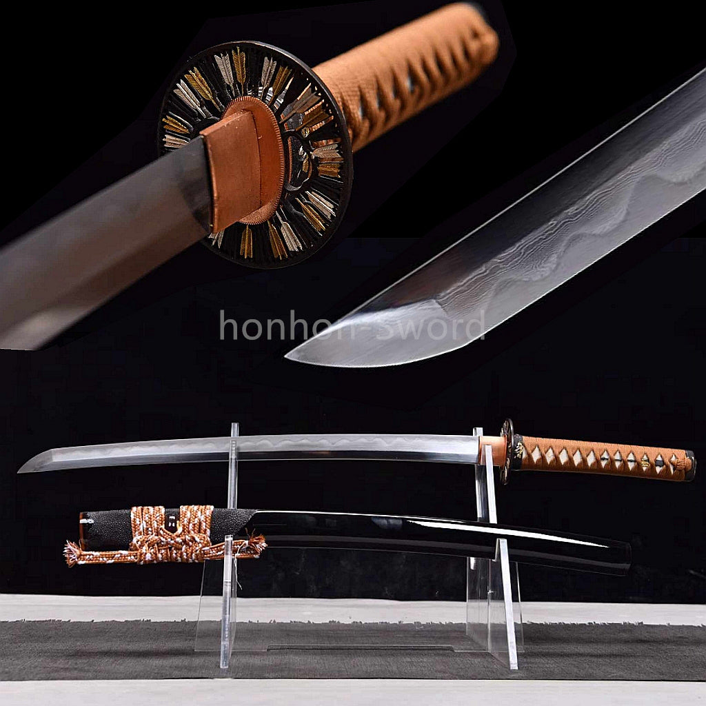 Japanisches Samurai-Schwert Katana aus schwarzem gefaltetem Stahl, Full Tang, handgefertigt, scharfe Klinge, schwarz 