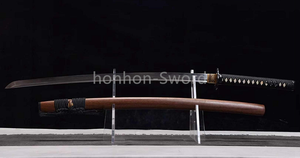 Japanisches Samurai-Schwert Katana aus schwarzem gefaltetem Stahl, Full Tang, handgefertigt, scharfe Klinge, schwarz 