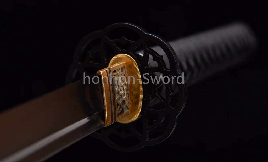 Japanisches Samurai-Schwert Katana aus schwarzem gefaltetem Stahl, Full Tang, handgefertigt, scharfe Klinge, schwarz 