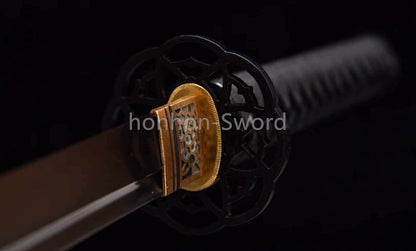Japanisches Samurai-Schwert Katana aus schwarzem gefaltetem Stahl, Full Tang, handgefertigt, scharfe Klinge, schwarz 