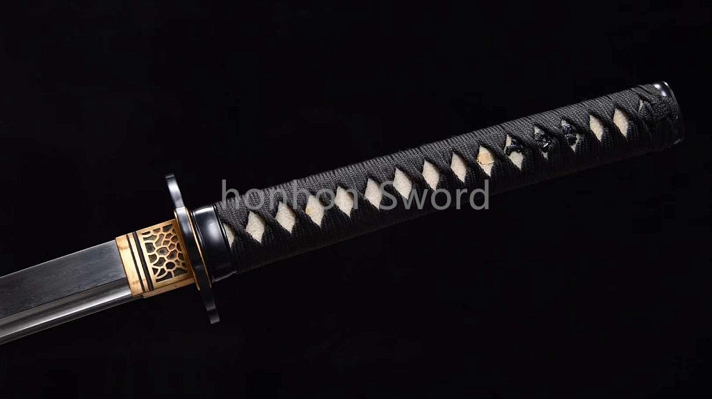 Japanisches Samurai-Schwert Katana aus schwarzem gefaltetem Stahl, Full Tang, handgefertigt, scharfe Klinge, schwarz 