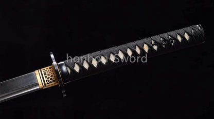 Japanisches Samurai-Schwert Katana aus schwarzem gefaltetem Stahl, Full Tang, handgefertigt, scharfe Klinge, schwarz 