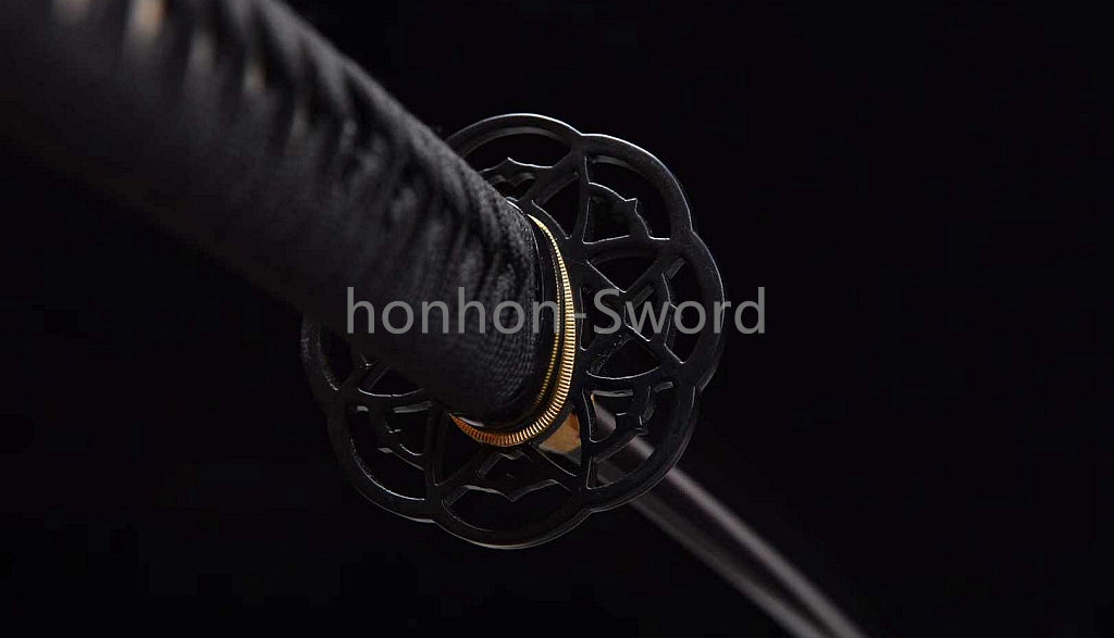Japanisches Samurai-Schwert Katana aus schwarzem gefaltetem Stahl, Full Tang, handgefertigt, scharfe Klinge, schwarz 