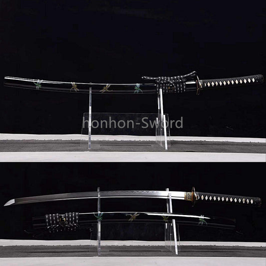 Japanisches Samurai-Schwert Katana aus schwarzem gefaltetem Stahl, Full Tang, handgefertigt, scharfe Klinge, schwarz 