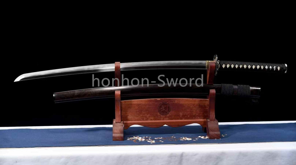 Épée de samouraï japonaise en acier plié noir, katana, lame tranchante faite à la main, noire 