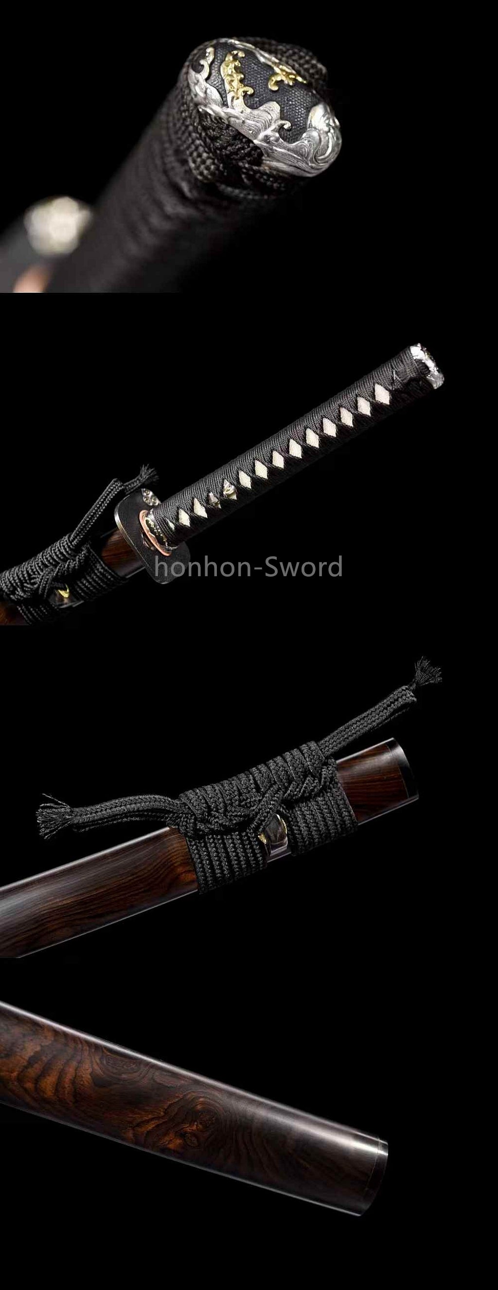 Épée de samouraï japonaise en acier plié noir, katana, lame tranchante faite à la main, noire 