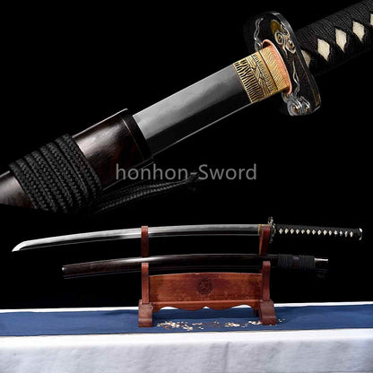Épée de samouraï japonaise en acier plié noir, katana, lame tranchante faite à la main, noire 