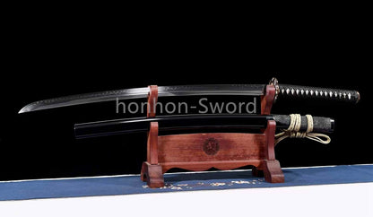Épée de samouraï japonaise en acier plié noir, katana, lame tranchante faite à la main, noire 