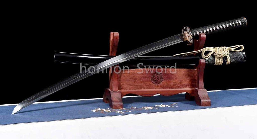Épée de samouraï japonaise en acier plié noir, katana, lame tranchante faite à la main, noire 