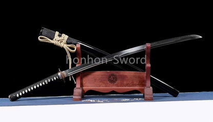Épée de samouraï japonaise en acier plié noir, katana, lame tranchante faite à la main, noire 