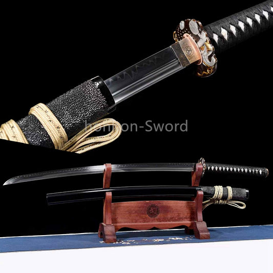 Épée de samouraï japonaise en acier plié noir, katana, lame tranchante faite à la main, noire 