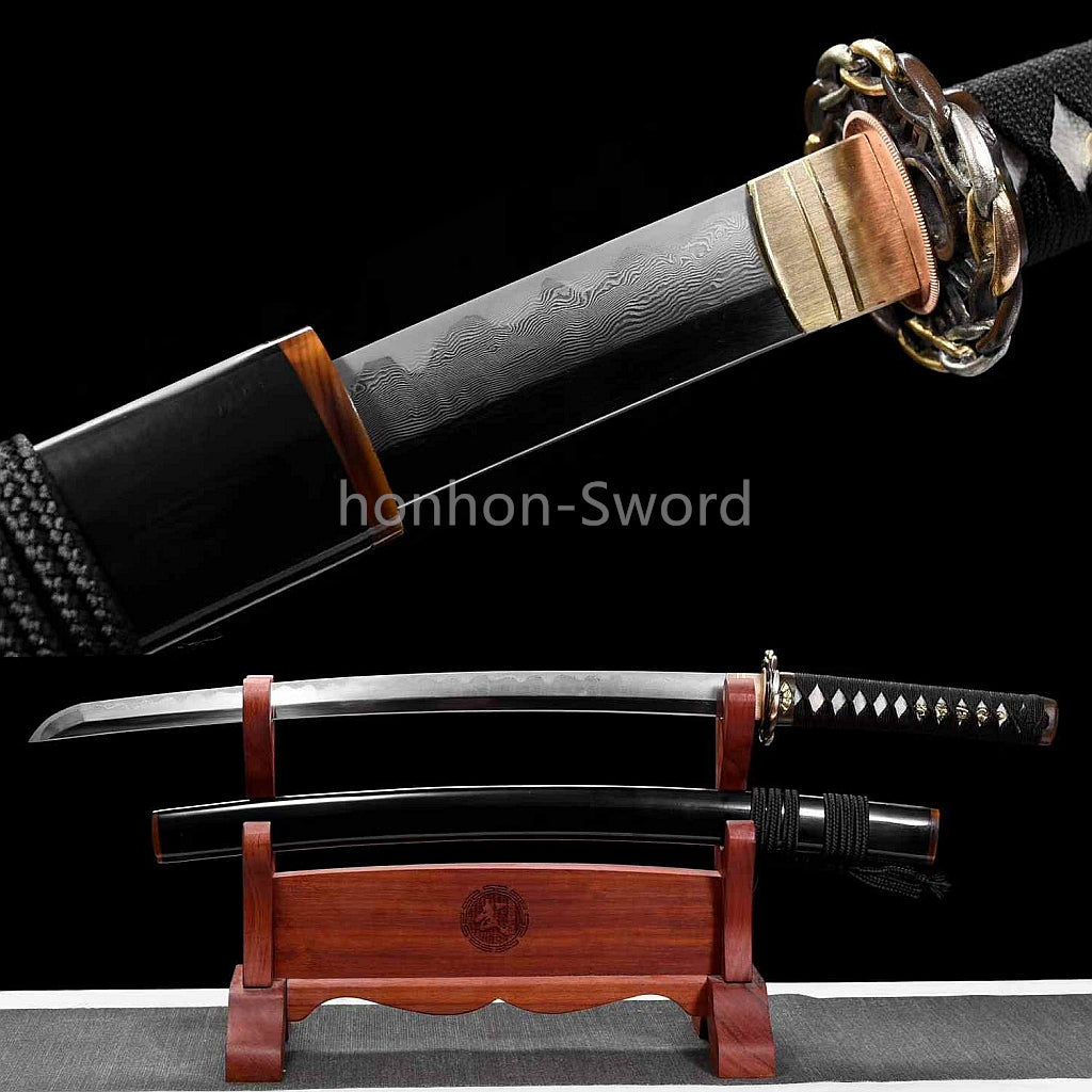 Épée de samouraï japonaise en acier plié noir, katana, lame tranchante faite à la main, noire 