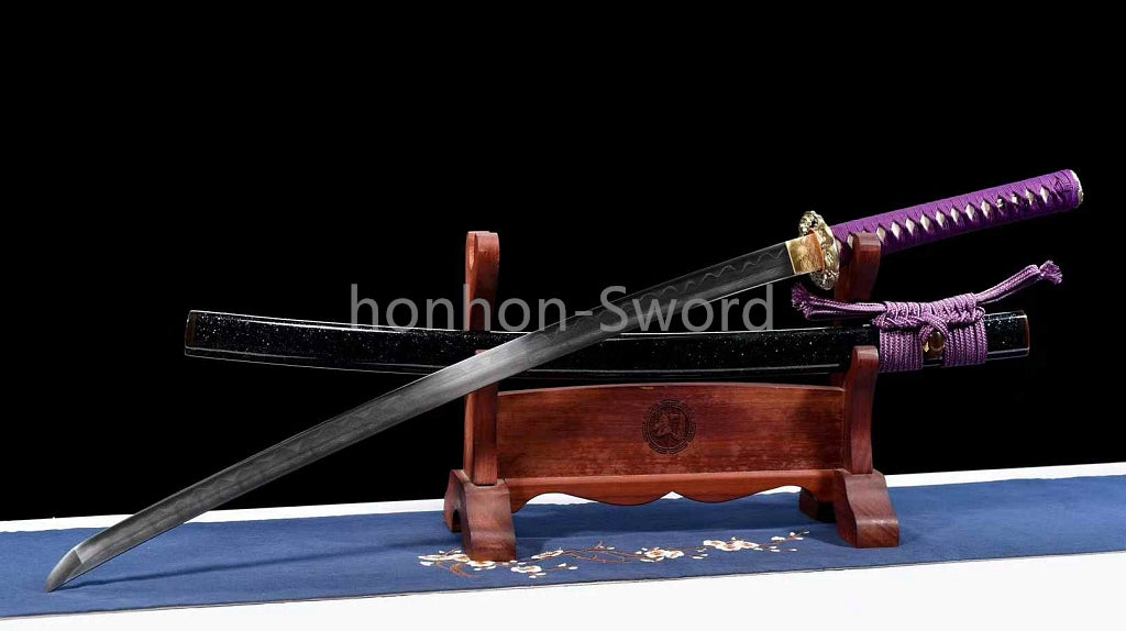 Épée de samouraï japonaise en acier plié noir, katana, lame tranchante faite à la main, noire 