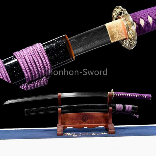 Épée de samouraï japonaise en acier plié noir, katana, lame tranchante faite à la main, noire 