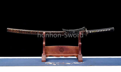 Japanisches Samurai-Schwert Katana aus schwarzem gefaltetem Stahl, Full Tang, handgefertigt, scharfe Klinge, schwarz 