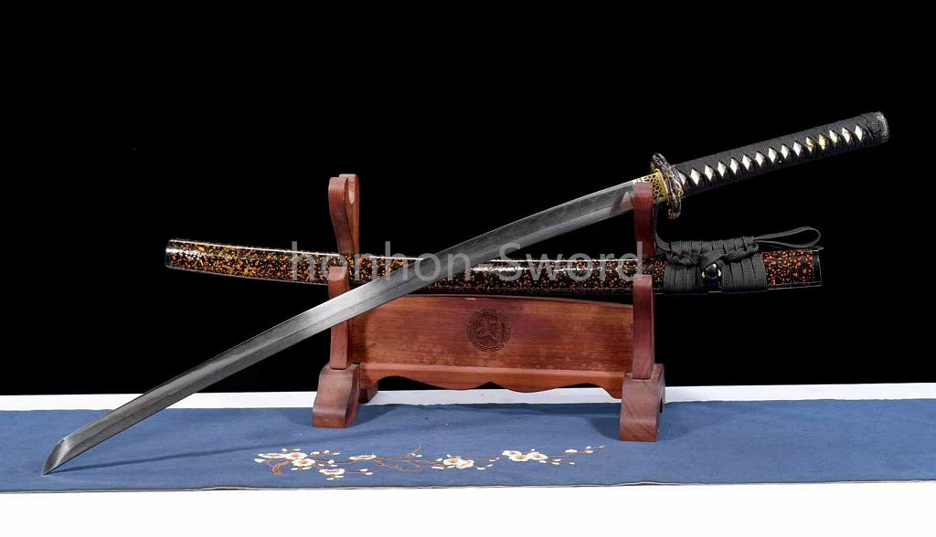 Japanisches Samurai-Schwert Katana aus schwarzem gefaltetem Stahl, Full Tang, handgefertigt, scharfe Klinge, schwarz 