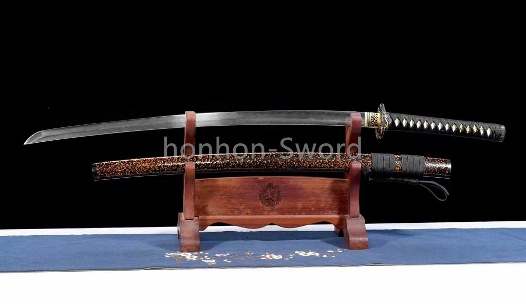 Japanisches Samurai-Schwert Katana aus schwarzem gefaltetem Stahl, Full Tang, handgefertigt, scharfe Klinge, schwarz 