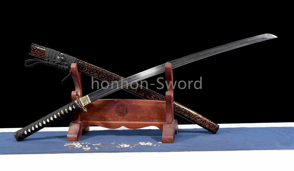 Japanisches Samurai-Schwert Katana aus schwarzem gefaltetem Stahl, Full Tang, handgefertigt, scharfe Klinge, schwarz 