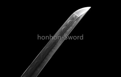 Japanisches Samurai-Schwert Katana aus schwarzem gefaltetem Stahl, Full Tang, handgefertigt, scharfe Klinge, schwarz 