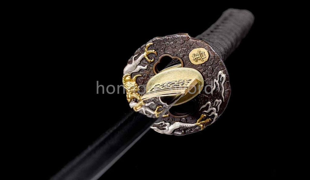 Japanisches Samurai-Schwert Katana aus schwarzem gefaltetem Stahl, Full Tang, handgefertigt, scharfe Klinge, schwarz 