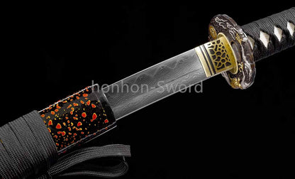 Japanisches Samurai-Schwert Katana aus schwarzem gefaltetem Stahl, Full Tang, handgefertigt, scharfe Klinge, schwarz 