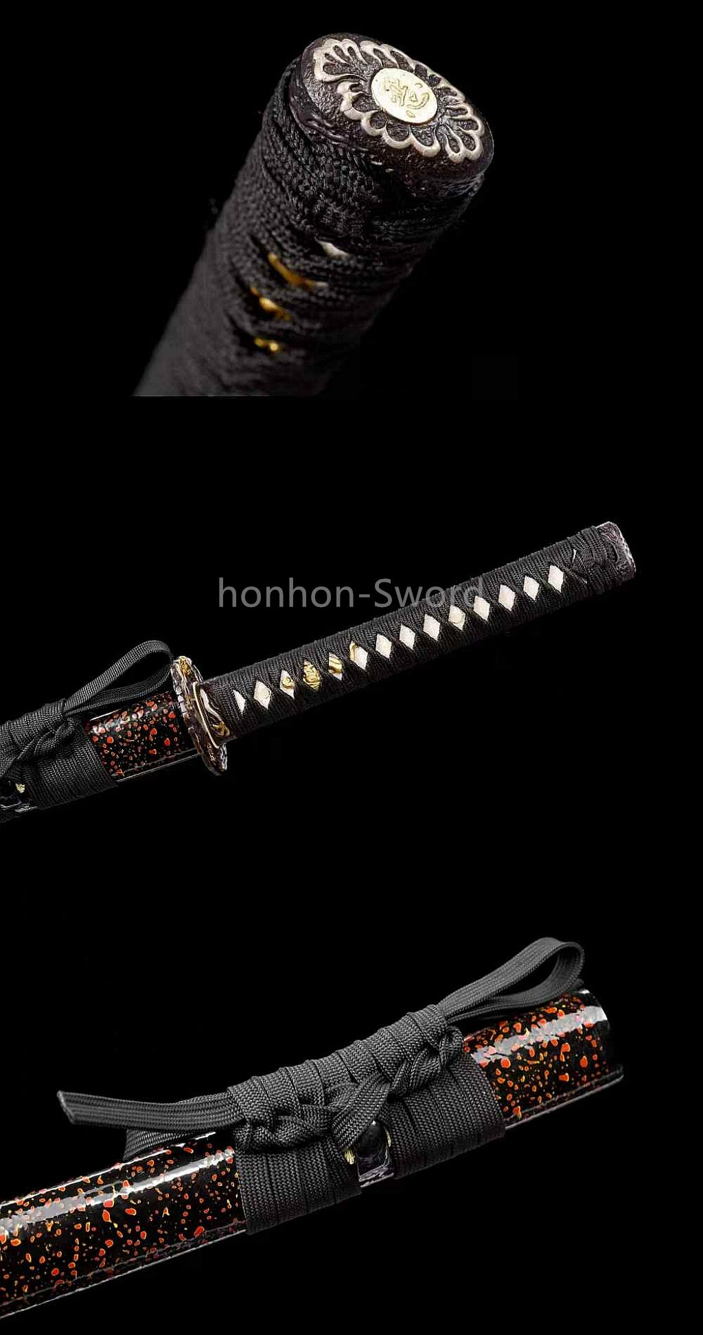 Japanisches Samurai-Schwert Katana aus schwarzem gefaltetem Stahl, Full Tang, handgefertigt, scharfe Klinge, schwarz 