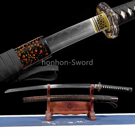 Japanisches Samurai-Schwert Katana aus schwarzem gefaltetem Stahl, Full Tang, handgefertigt, scharfe Klinge, schwarz 