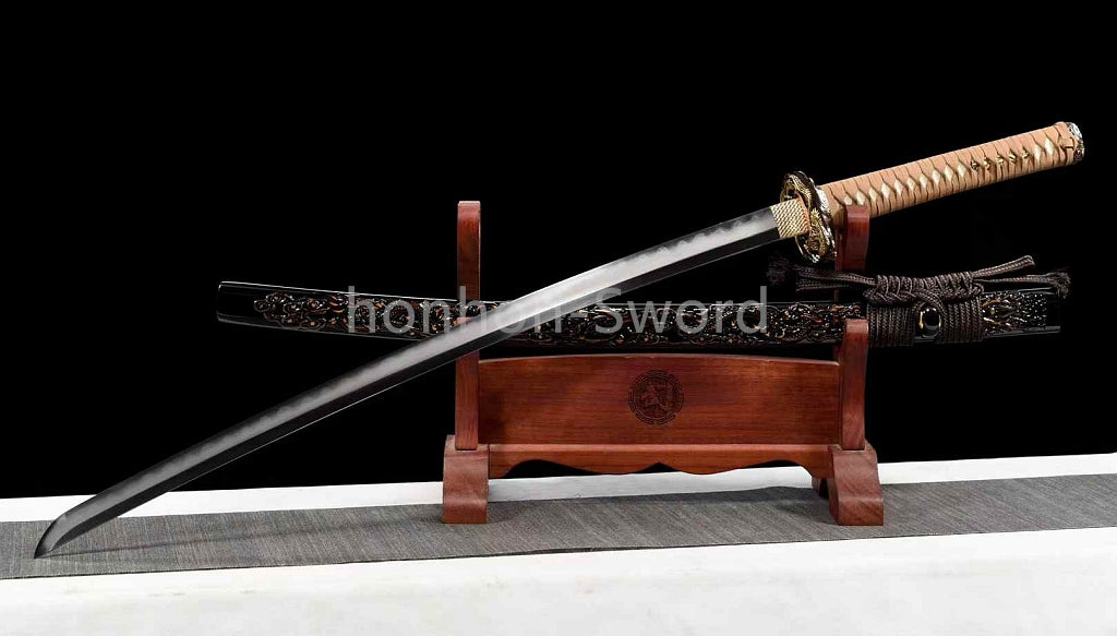 Handmade Folded Steel Clay Tempered Abrasive Japanese Katana Brass Sword Sharp