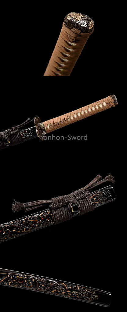 Handmade Folded Steel Clay Tempered Abrasive Japanese Katana Brass Sword Sharp