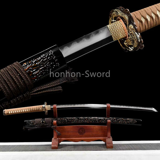 Épée de samouraï japonaise en acier plié noir, katana, lame tranchante faite à la main, noire 