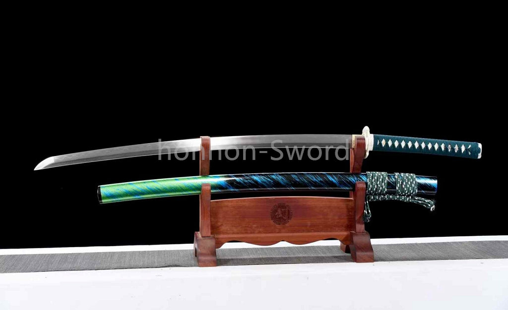 Japanisches Samurai-Schwert Katana aus schwarzem gefaltetem Stahl, Full Tang, handgefertigt, scharfe Klinge, schwarz 