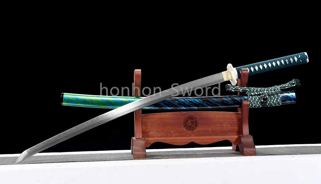 Japanisches Samurai-Schwert Katana aus schwarzem gefaltetem Stahl, Full Tang, handgefertigt, scharfe Klinge, schwarz 