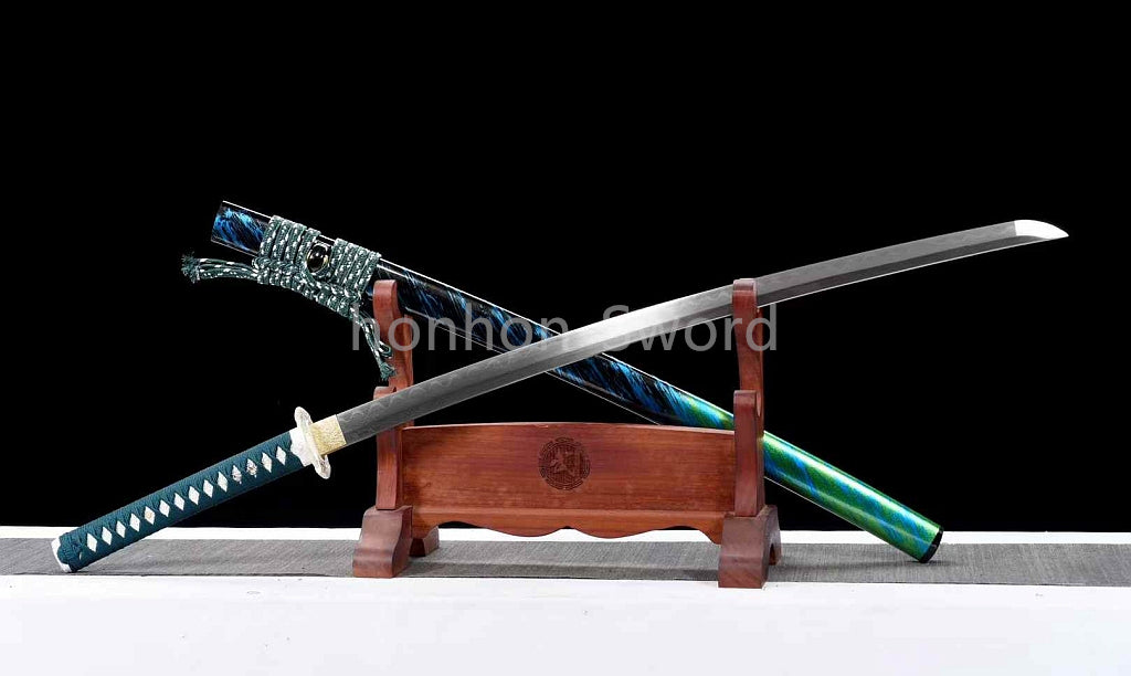 Japanisches Samurai-Schwert Katana aus schwarzem gefaltetem Stahl, Full Tang, handgefertigt, scharfe Klinge, schwarz 