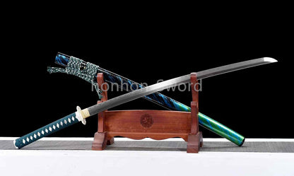 Japanisches Samurai-Schwert Katana aus schwarzem gefaltetem Stahl, Full Tang, handgefertigt, scharfe Klinge, schwarz 