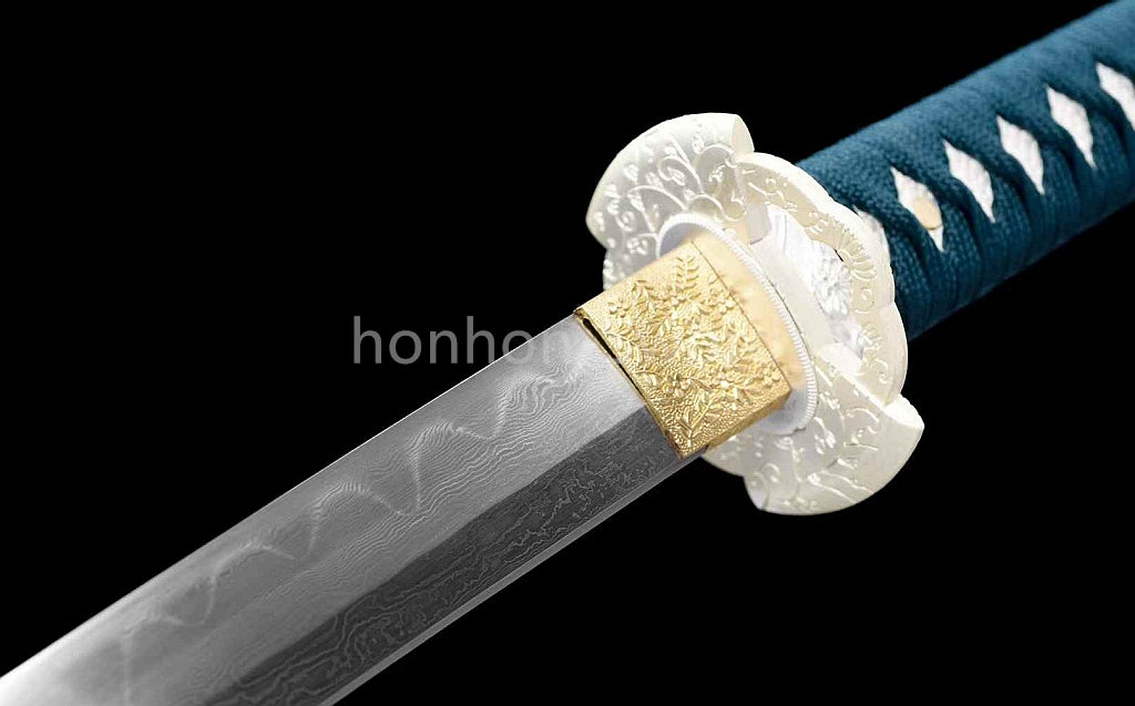 Japanisches Samurai-Schwert Katana aus schwarzem gefaltetem Stahl, Full Tang, handgefertigt, scharfe Klinge, schwarz 