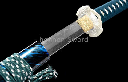 Japanisches Samurai-Schwert Katana aus schwarzem gefaltetem Stahl, Full Tang, handgefertigt, scharfe Klinge, schwarz 