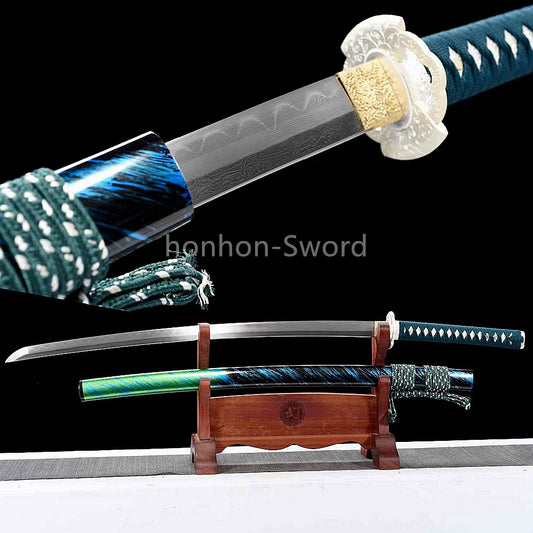 Japanisches Samurai-Schwert Katana aus schwarzem gefaltetem Stahl, Full Tang, handgefertigt, scharfe Klinge, schwarz 